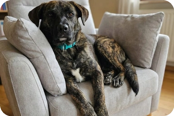 Bürohund Bono entspannt im Sessel.
