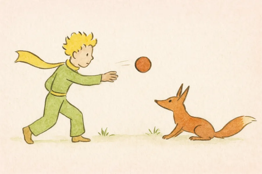 Der kleine Prinz wirft dem Fuchs einen Ball zu.