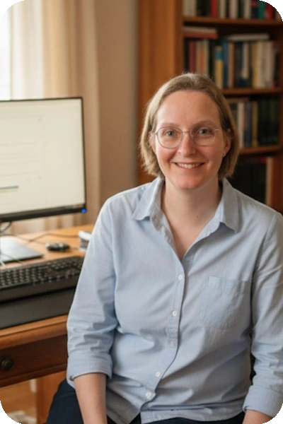 Nicole sitzt am Schreibtisch.